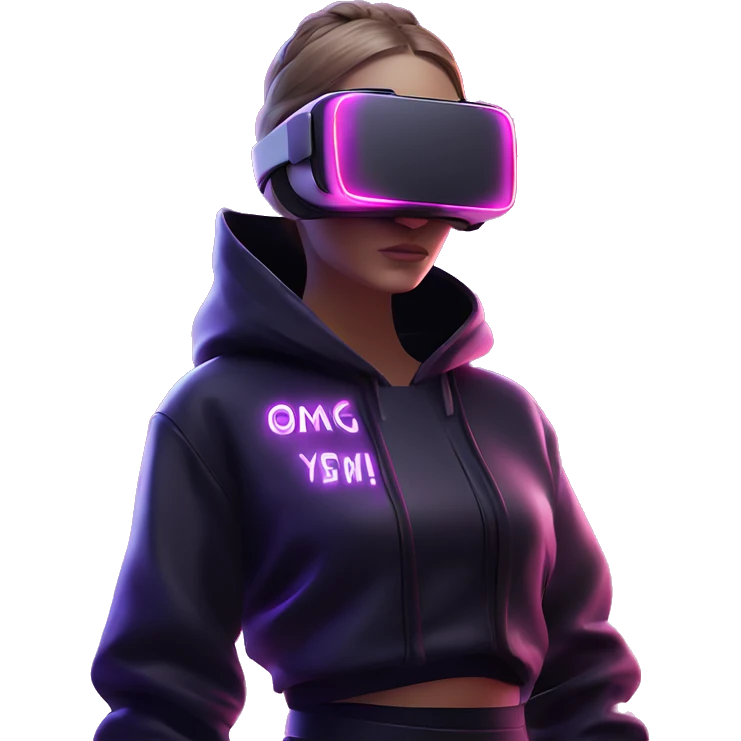 Russian girl wearing black hoody with violet letters "OMG", in vr headset oculus quest2. Standing like jedi. Cyberpunk style. Violet neon. emoji