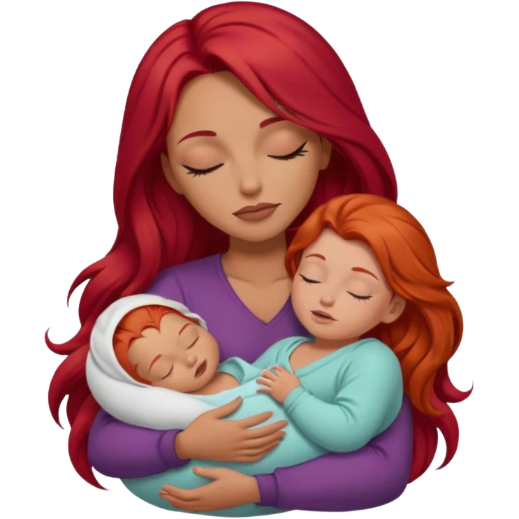 White woman with long red hair and makeup holding one sleeping baby emoji