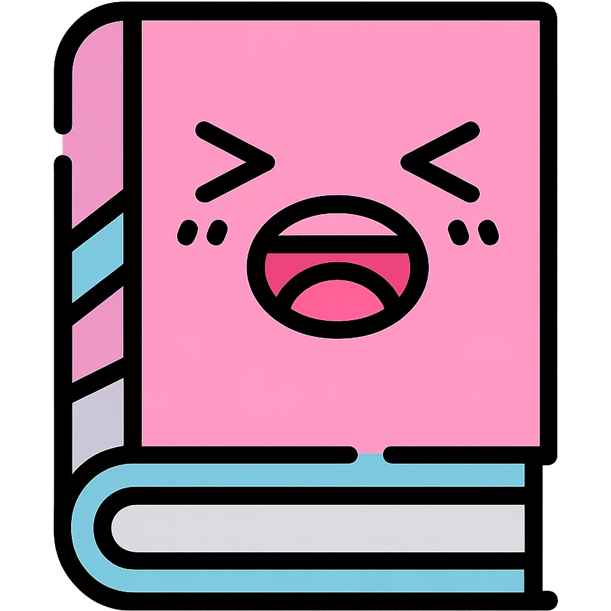 Recreate the image of a pink manga book with an expressive face, thick black lines, details in lilac and blue, in color outline style, without any text or numbers. emoji