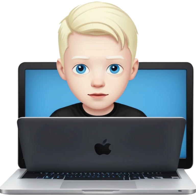 albino youtuber on black laptop with desk with blue eyes emoji