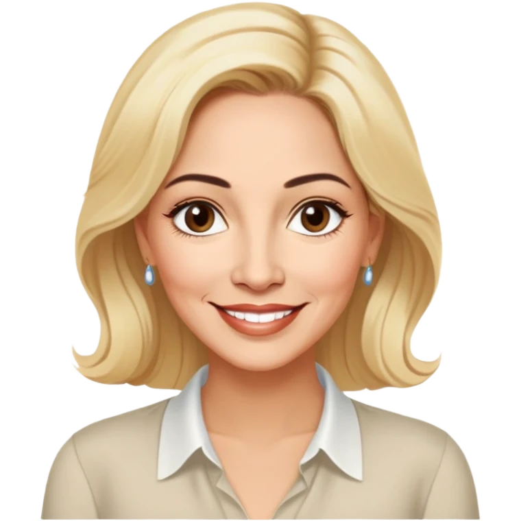 Warm-hearted Linette Torres, Puerto Rican actress in her 50s with light skin, extremely loving expression, bright gentle eyes, sweet welcoming smile, elegant blonde hair, wearing a simple relaxed blouse emoji