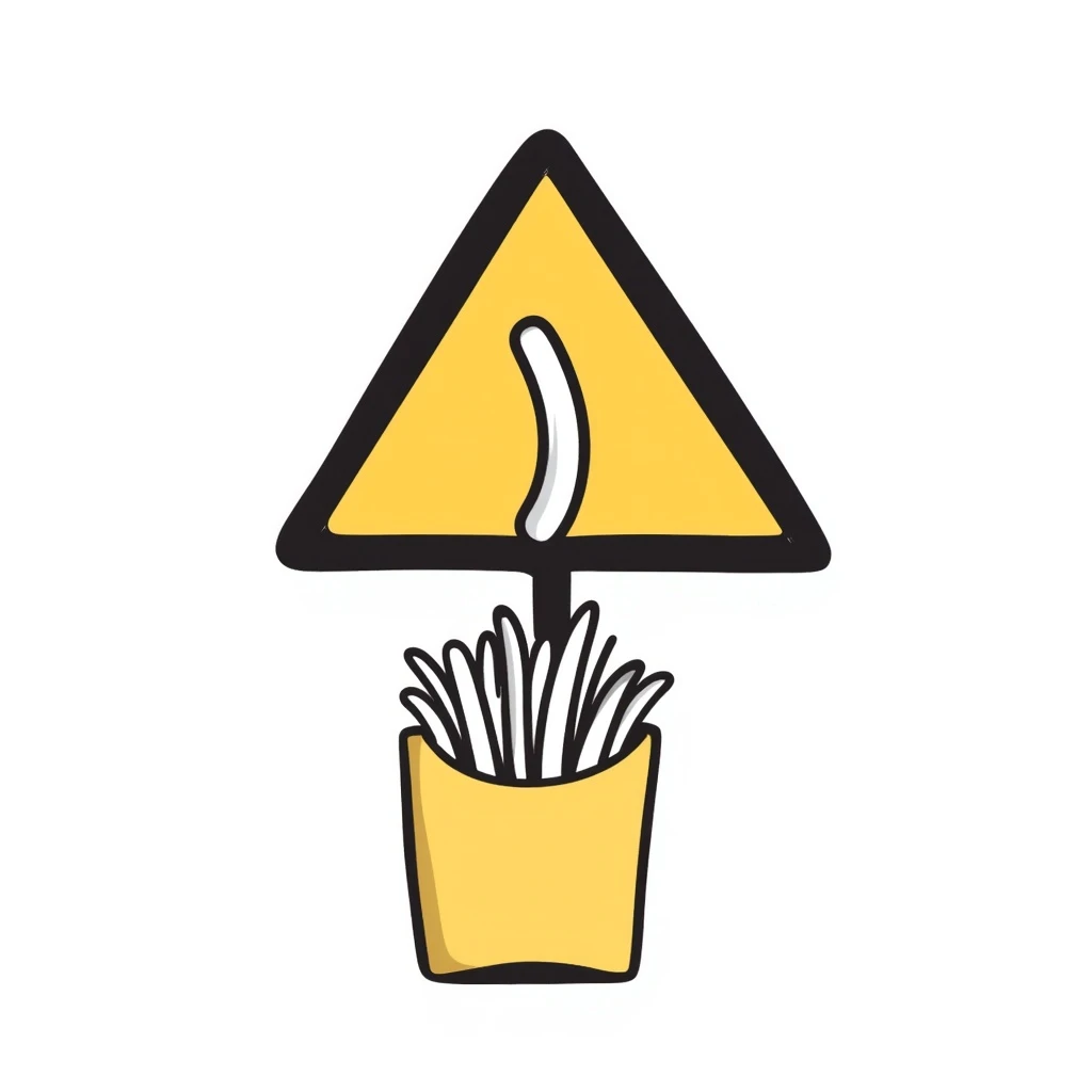 yellow warning road sign, a single french fry being dropped into a bag containing a few other fries, hand drawn doodle style emoji