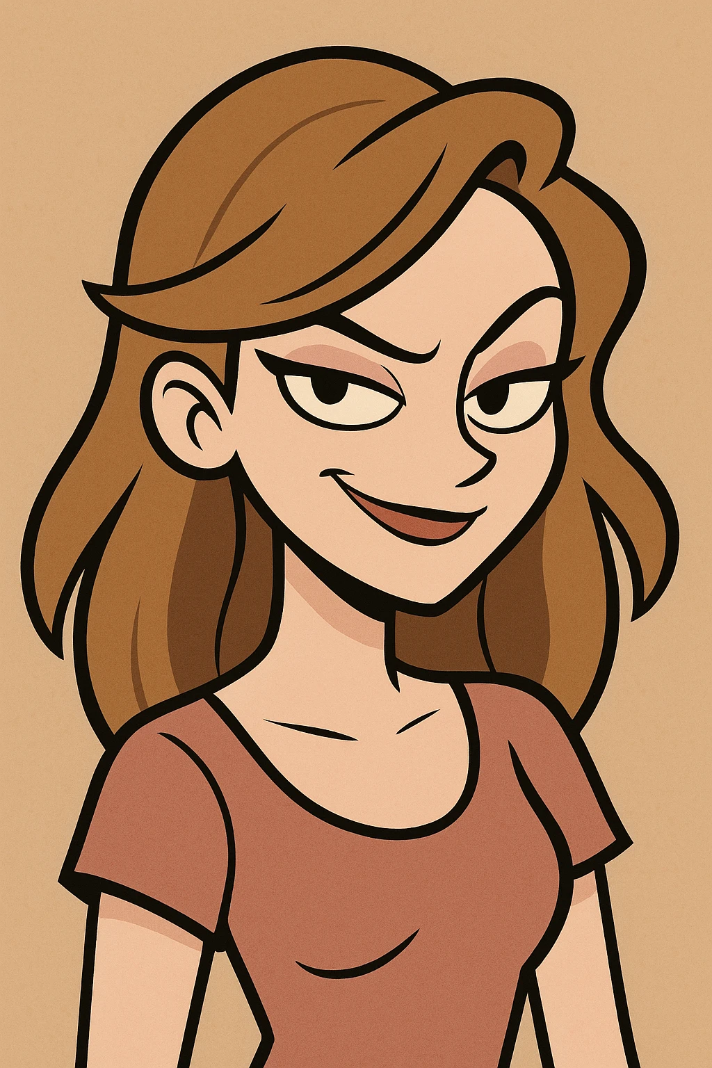 a beautiful girl with a confident, sly smirk and sharp, expressive eyes, bold cartoon style emoji