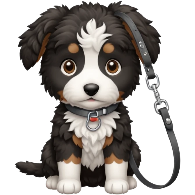 Black and white aussie doodle puppy on a leash emoji