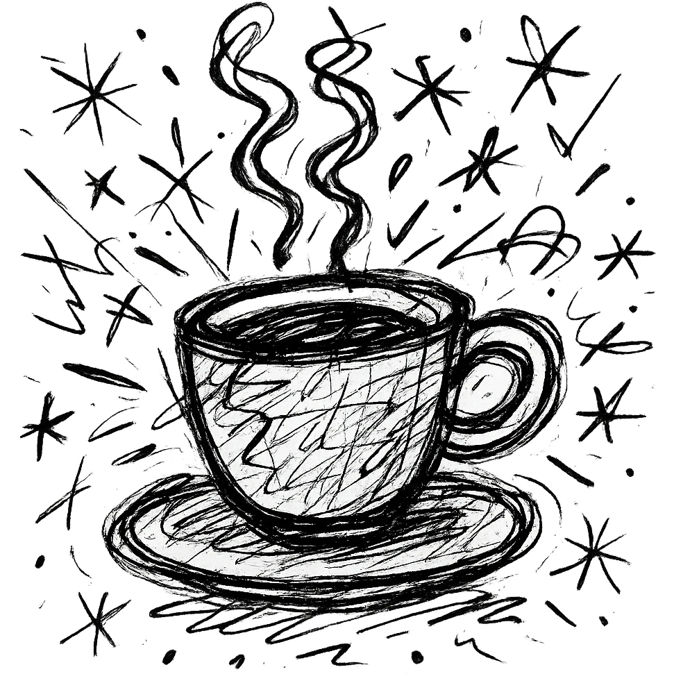 chaotic outlined icon of a coffee cup with erratic steam and scribbled lines emoji