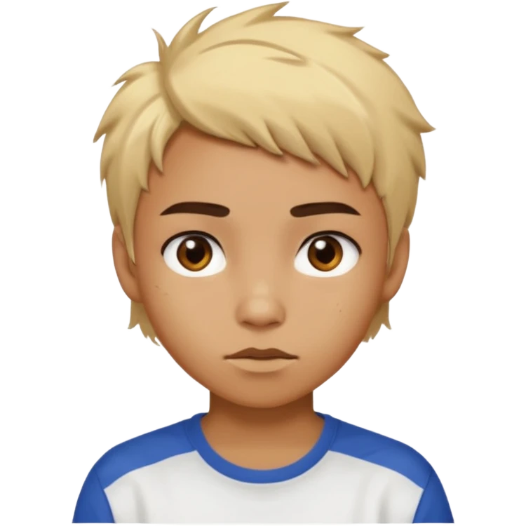 caramel skin color. Teen age. Short buzz, messy blonde hair, dark brown bushy eyebrows large expressive golden-brown eyes, brown skin color, scar over nose, wearing a plain white t-shirt. emoji