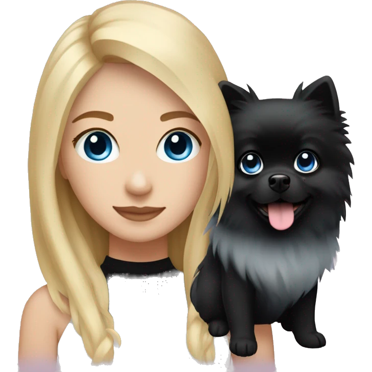 A blonde girl with blond strands around her face and blue eyes with a black pomeranian emoji