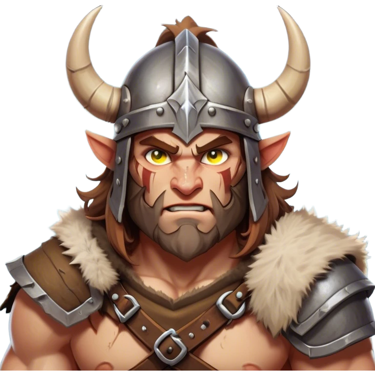 Clash of Clans aesthetic: Cinematic Fierce Barbarian Portrait Emoji, Poised and bold with a rugged yet cartoonish build in tattered furs and a horned helmet, expressive bright eyes and a confident smirk, Simplified yet dynamic features, highly detailed, glowing with a vivid, adventurous aura, high shine, heroic and spirited, stylized with an air of medieval warrior charm, focused and energetic, soft glowing outline, capturing the essence of a fearless barbarian adventurer ready to lead his clan with spirited valor! emoji