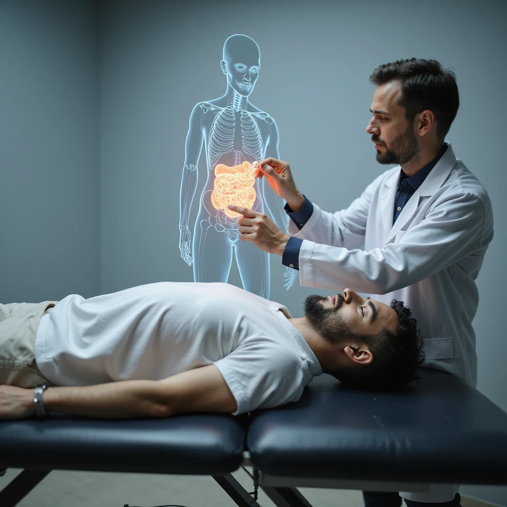 Italian man lying on medical examination table, doctor pointing to abdominal fat areas on transparent anatomical illustration, realistic style, vertical 9:16 aspect ratio emoji