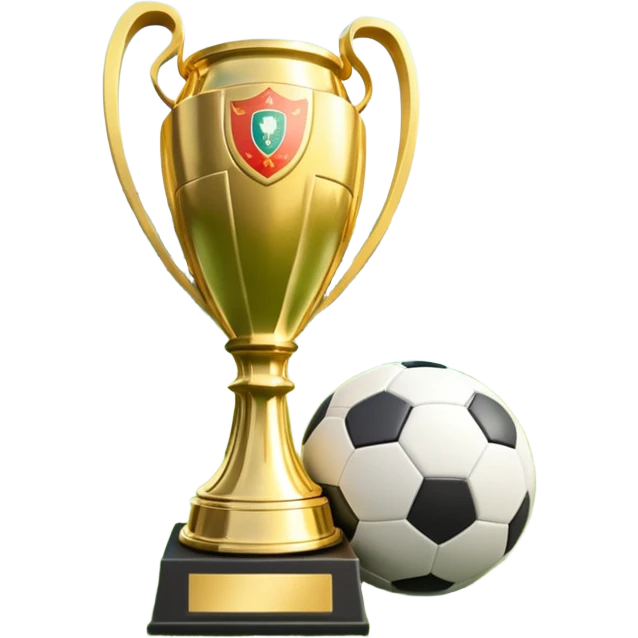 A football resting on the green grass of a soccer field, with goalposts and field markings in the background. In the foreground, the UEFA World Cup trophy gleams, symbolizing the pinnacle of football achievement, adding an element of prestige and competition to the scene. emoji
