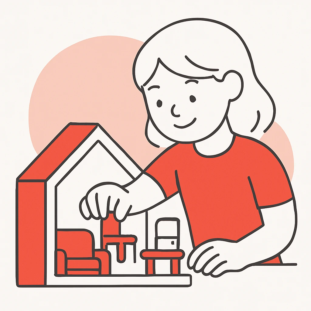 smiling girl arranging furniture in doll house emoji