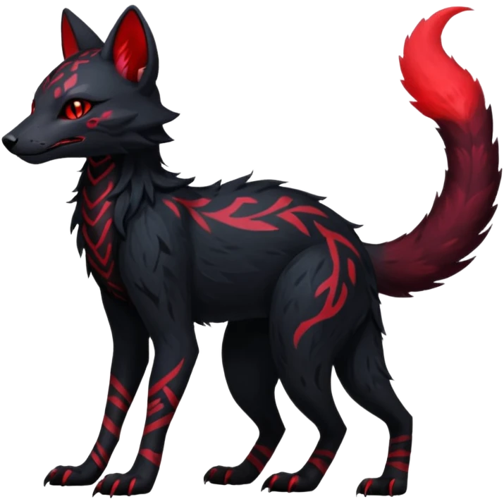 Feral Rare Fantasy   dark obsidian-black fur with crimson glowing runic markings Vernid-Sergal-Genet-Trico-species by LiLaiRa, random markings, tufted tail, tufted ears, full body emoji