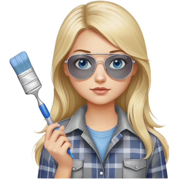 girl with long blond hair, wearing grey plaid shirt with blue eyes and aviator sunglasses wearing a ring on her silver necklace, holding a paint brush roller with a small bit of paint on her face emoji