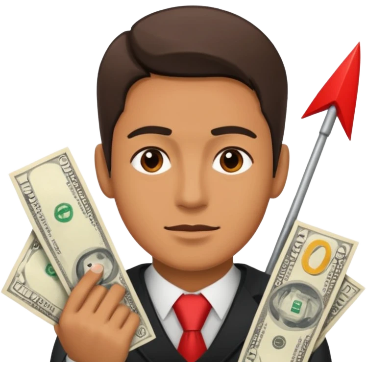 a man with money bills and a red down arrow next to him emoji