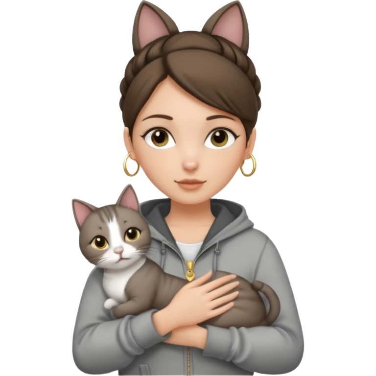 a white girl with brunette hair in a one single bun holding a grey cat. the girl has long lashes and has on a grey zip up that is half way zipped and has a hood and under a white shirt and gold jewelry that is gold bracelets. emoji