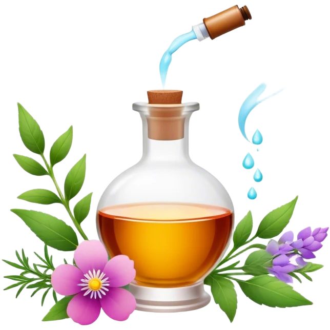 Perfume making icon, delicate glass bottle being filled with colorful essential oils from droppers, swirling mist rising from the bottle, flowers and herbs nearby, minimalistic style, clean lines, transparent background. emoji