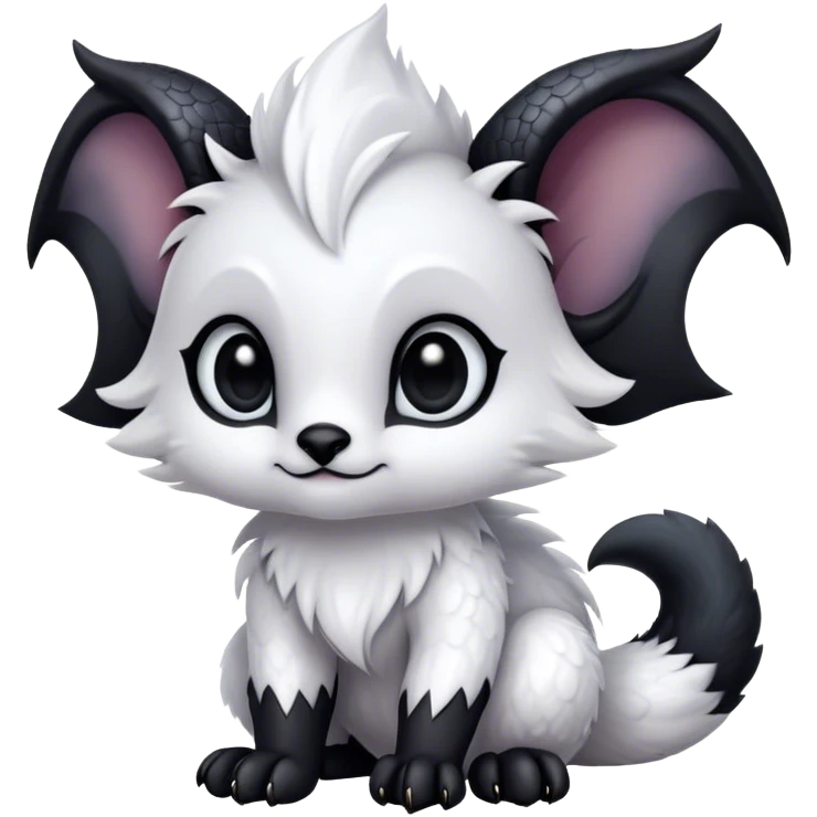 Absol-Umbreon-fantasy creature, black ears, no Scapha, black long scaly tail, big eyes, black eyes, white fur, black claws, cute, adorable emoji