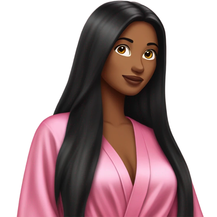 Tanned woman with long black hair wearing a silk pink Victoria’s Secret robe emoji