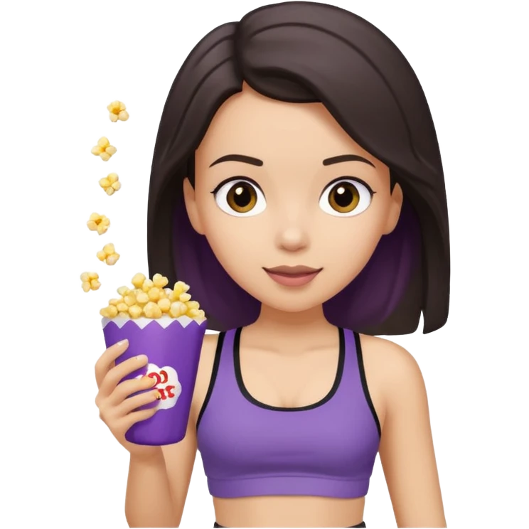 Brunette light skin girl with black sports bra and grey sweatpants on her phone while eating popcorn from a purple popcorn bag emoji