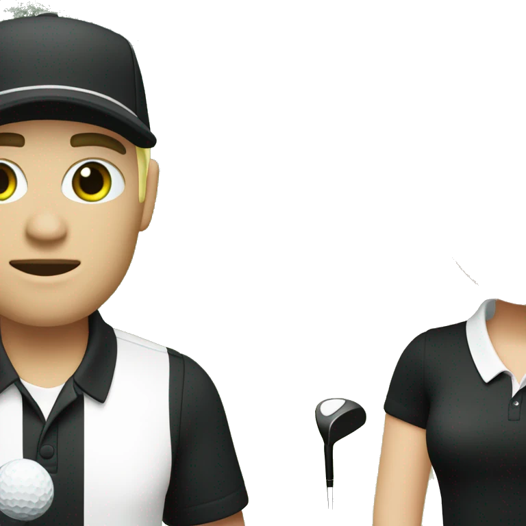Blond white men green eye wearing white golf outfit, and black hair white woman with brown eye woman wearing black golf outfit playing golf. emoji