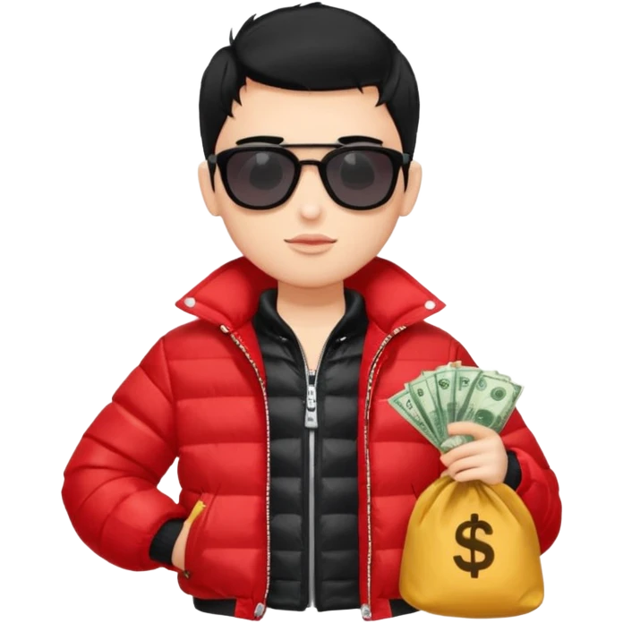 a pretty bratz boy with black hair, holding a bag of money, sunglasses on, red puffer jacket emoji