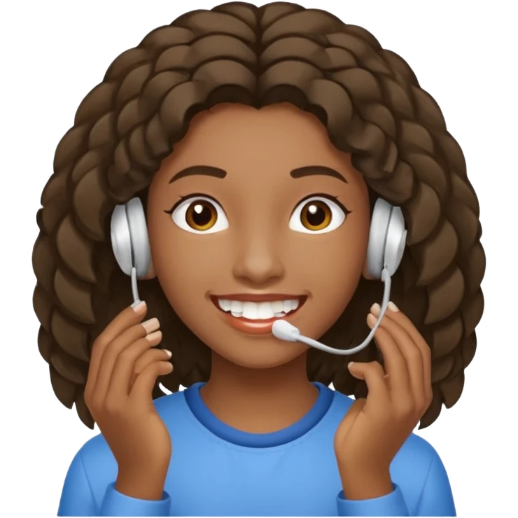Faça um adolescente de cabelo cacheado médio sorrindo com um aparelho dental e fones de ouvido, com um moletom branco emoji