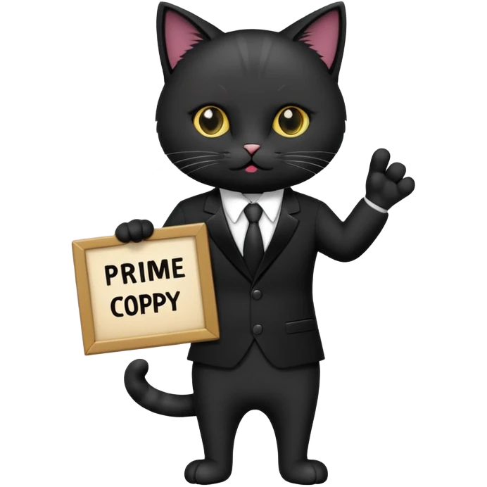 Cat in a black suit holding a sign with the inscription “PrimeCopy” emoji