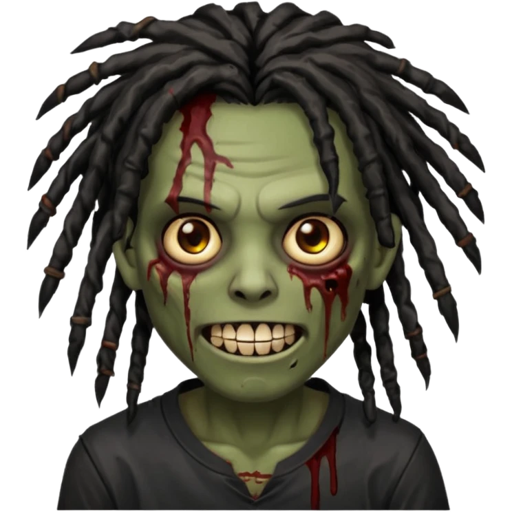 zombie with brown skin, messy black dreads hair, wide centered brown eyes, dark bloody marks under the eyes, and a smile showing shiny metal teeth,black shirt, giving a distressed, undead look. emoji