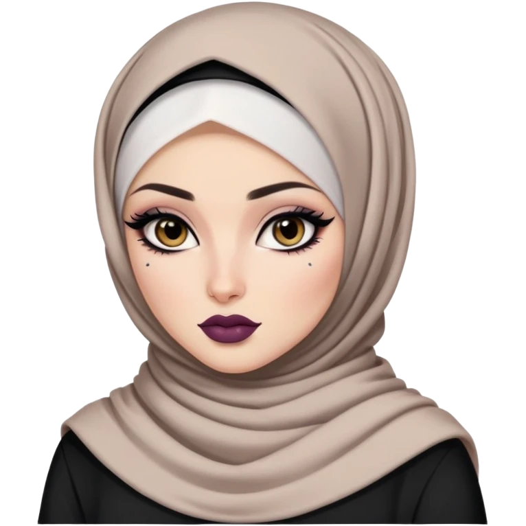 hijabi, pretty lips, clothes, pale tattoed skin,  dark brown eyes, pretty bratz baddie, black eyeliner emoji