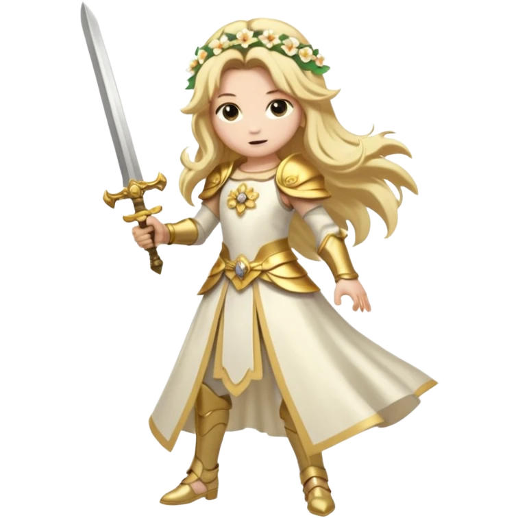 Lumine (from Genshin Impact) White and golden clothes, blonde, long-haired, with a big flower hair clip, and wielding a sword (full body) emoji