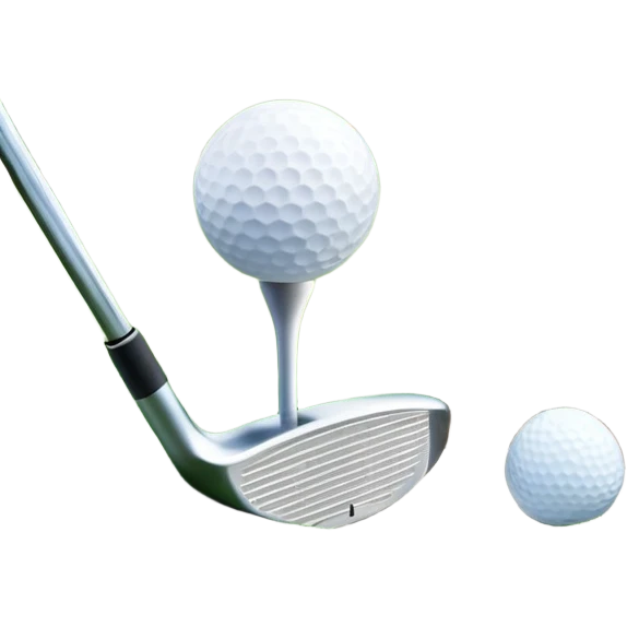 A golf ball on a tee, with a golf club placed beside it on the lush green fairway. The background shows a serene golf course with neatly trimmed grass and a clear blue sky, emphasizing the elegance and precision of the game. emoji
