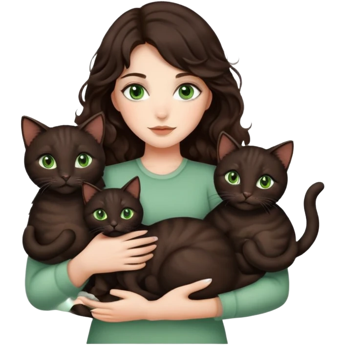 Beautiful girl with dark brown wavy hair and green eyes holding black and brown cats in arms emoji