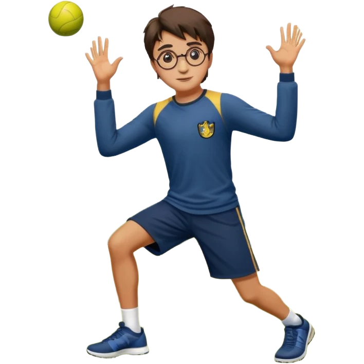 Harry Potter is in sports clothes doing morning exercises, he is in the field before his magic school emoji