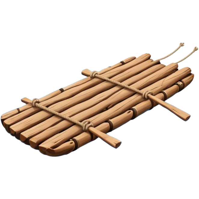 showing a simple wooden raft floating on calm blue water — made of several brown logs tied together with rope — gentle ripples around it — bright, cheerful lighting and soft shadows — minimalist, clean emoji design emoji