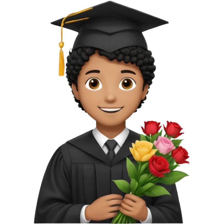 Graduated Students, Male,  brown skin, black curly hair, wearing graduation cap, holding bouquet of flowers
 emoji