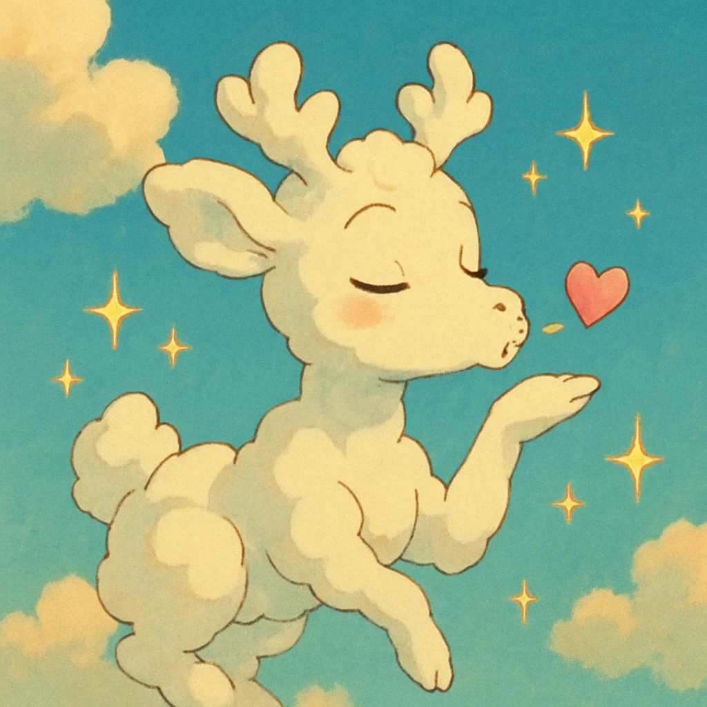 whimsical vanilla cloud doe in Ghibli style blowing a kiss, surrounded by sparkles emoji