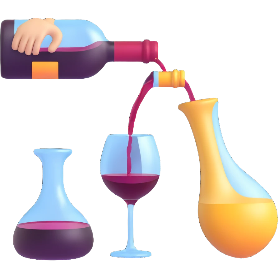 icon of wine decanting scene, pouring wine into a decanter, realistic and sophisticated, 3D emoji style, no background emoji