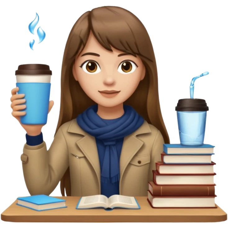 a designer with light skin long brown hair bangs waving, stack of books, coffee cup on top, water bottle  emoji