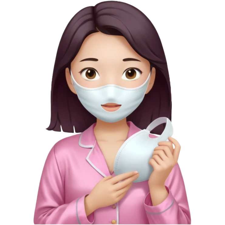 angelic asian girl doing skin care in pink pajamas, holding a face mask emoji