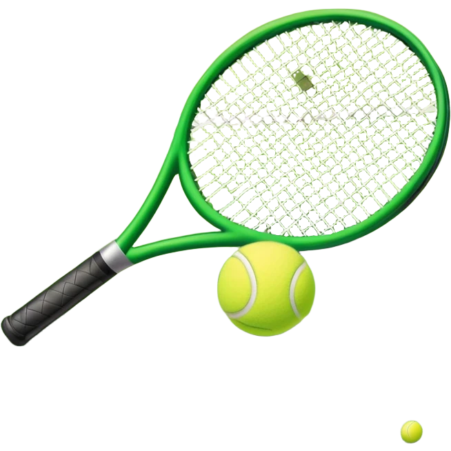 A tennis racket and ball positioned on a grass court, with the net and lines clearly visible in the background. The scene emphasizes the classic elements of the sport, capturing the energy and precision of a tennis match. emoji