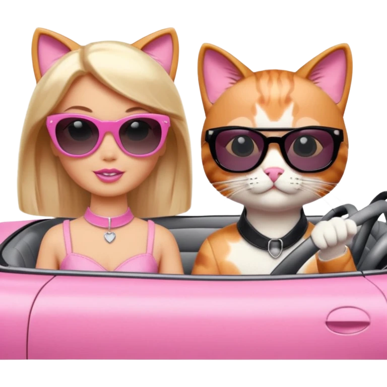 Barbie and Ken as cats sitting in a pink convertible car emoji