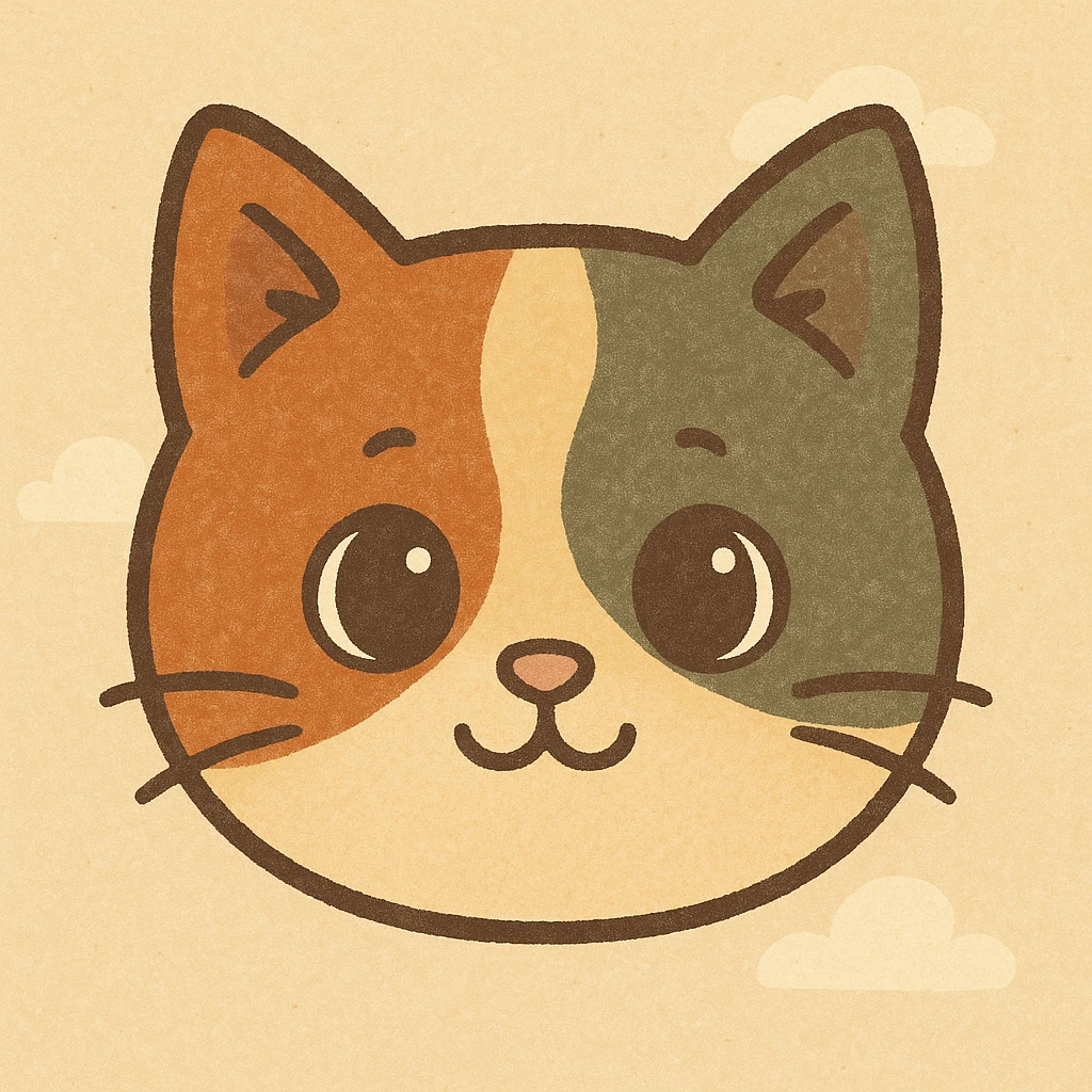tortie cat face, cute cartoon style, big eyes, simple background emoji