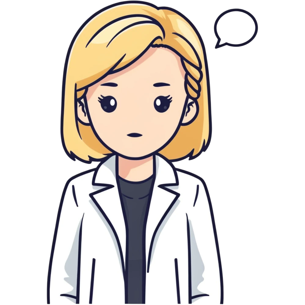 A blonde kinesiologist woman with a thinking face, wearing a white coat, considering therapy options emoji