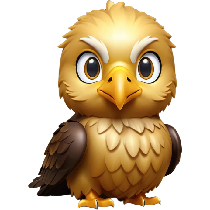 Cinematic Cute Golden Eagle Portrait Emoji, Head tilted playfully and inquisitively, featuring a compact, streamlined form with subtly ruffled, golden plumage and round, sparkling eyes full of spirited charm, Simplified yet irresistibly adorable features, highly detailed, glowing with a warm, inviting glow, high shine, affectionate and lively, stylized with a touch of whimsical aerial grace, soft glowing outline, capturing the essence of a mischievous yet endearing golden eagle that seems as if it could glide out of the screen into your heart! emoji