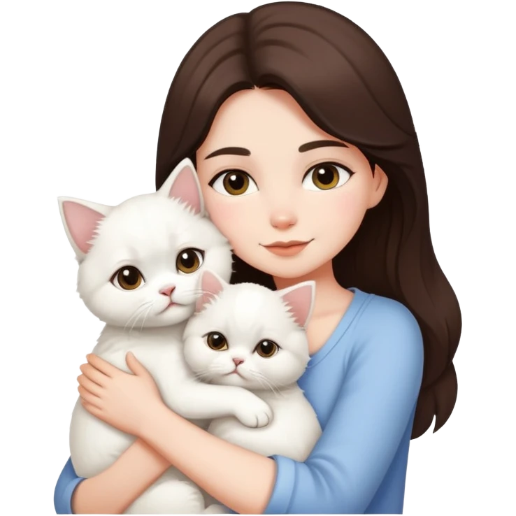 One brunette girl hugging one white puppy and one pure white persian cat emoji