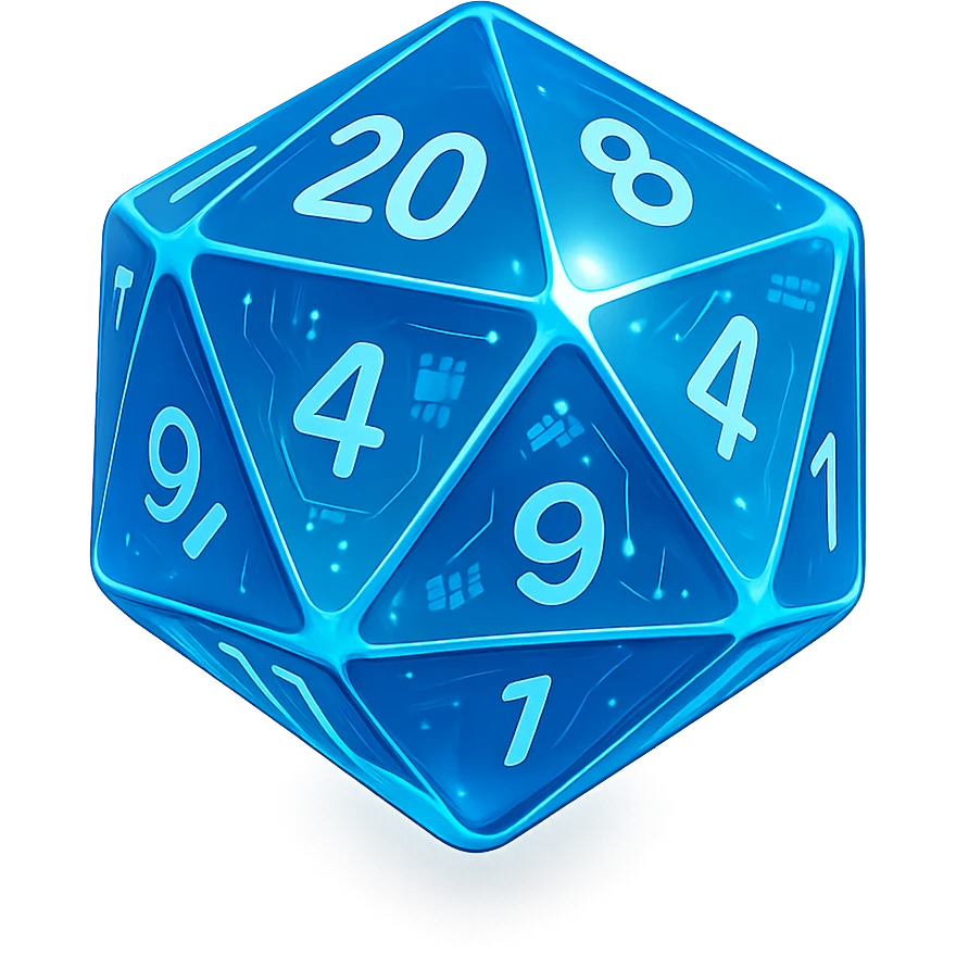 D20 dice, modern, sleek design, vibrant colors, glossy finish, blue emoji