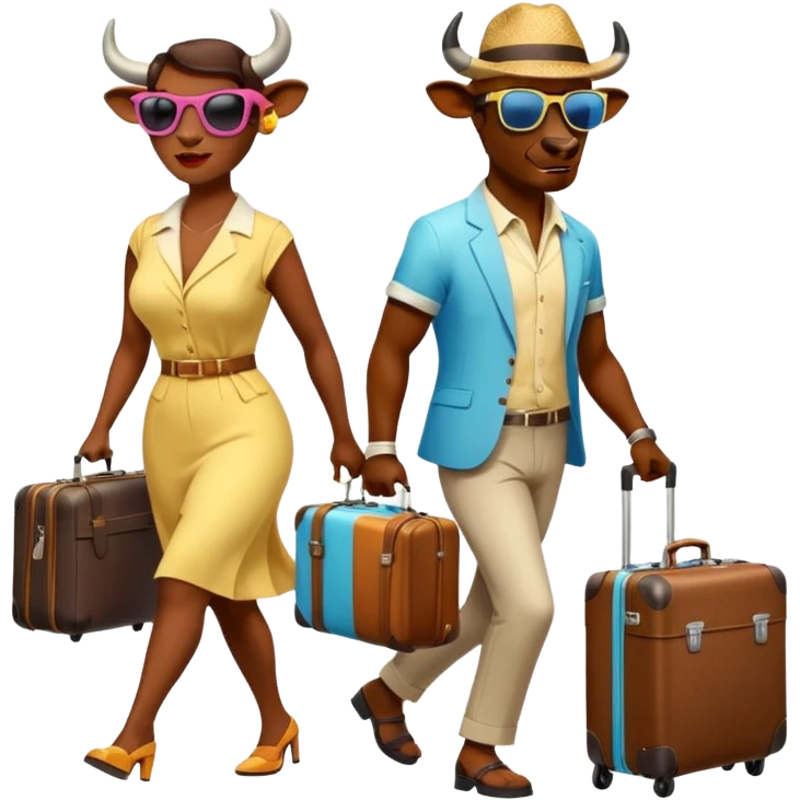 generate an emoji of a group of up to 8 male and female bulls travelling together on holidays. One bull has a suitcase, one has sunglasses, one is carrying a cocktail. They're all in motion, walking together. Make the characters look like bulls. They wear summer clothes. Suitcases are colourful emoji