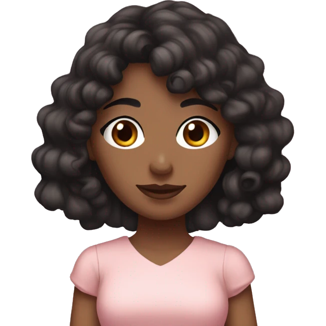 Fair skinned woman with long black curly hair and bangs and dark brown eyes, wearing a pastel pink dress emoji