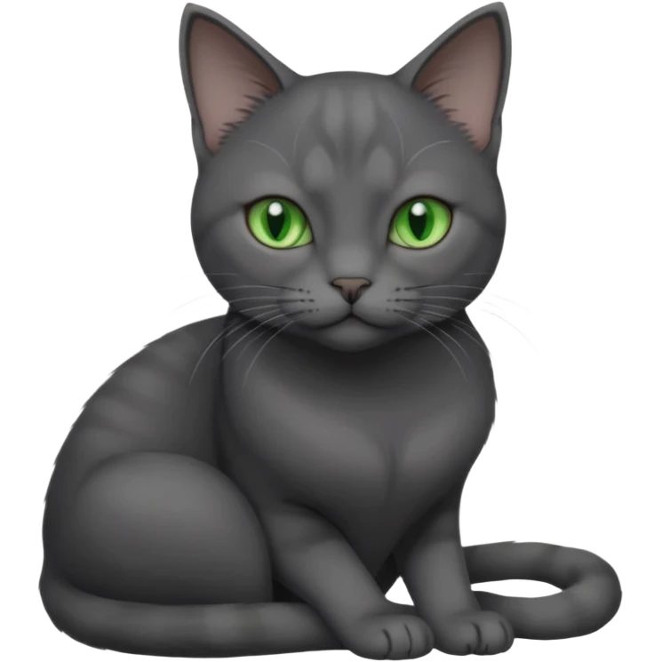 full body view of beautiful female solid dark grey cat with green eyes, grey face, white toes/paws and white patch on her chest emoji