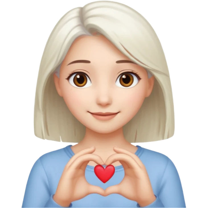 Beautiful girl. Platinum-colored hair just below the shoulders, straight, brown eyes, sweet smile. Hands in the shape of a heart.  emoji